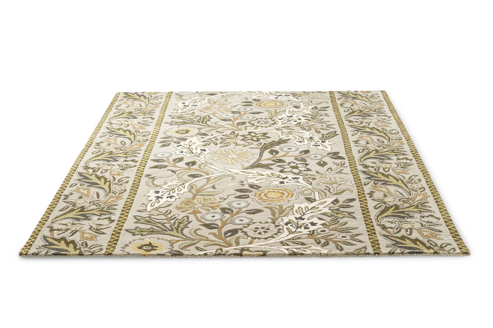beige wool rug with multicolour floral design
