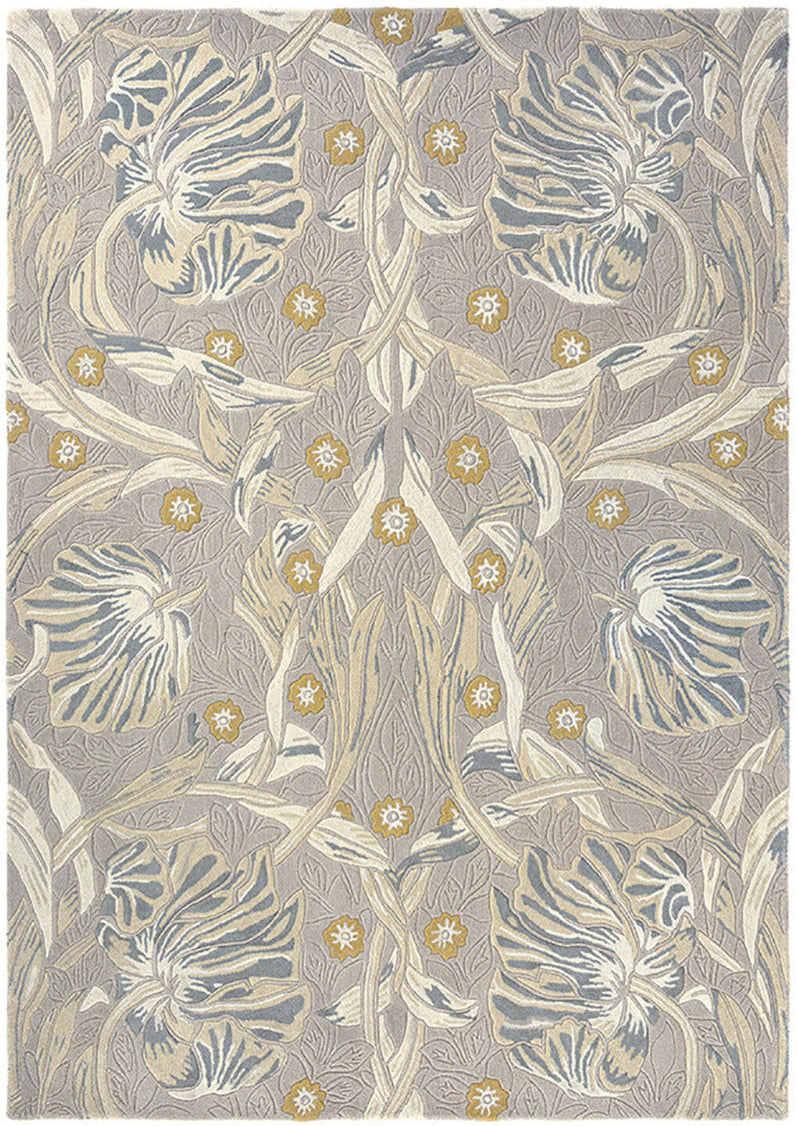 Wool rug with floral and foliage design in grey and beige