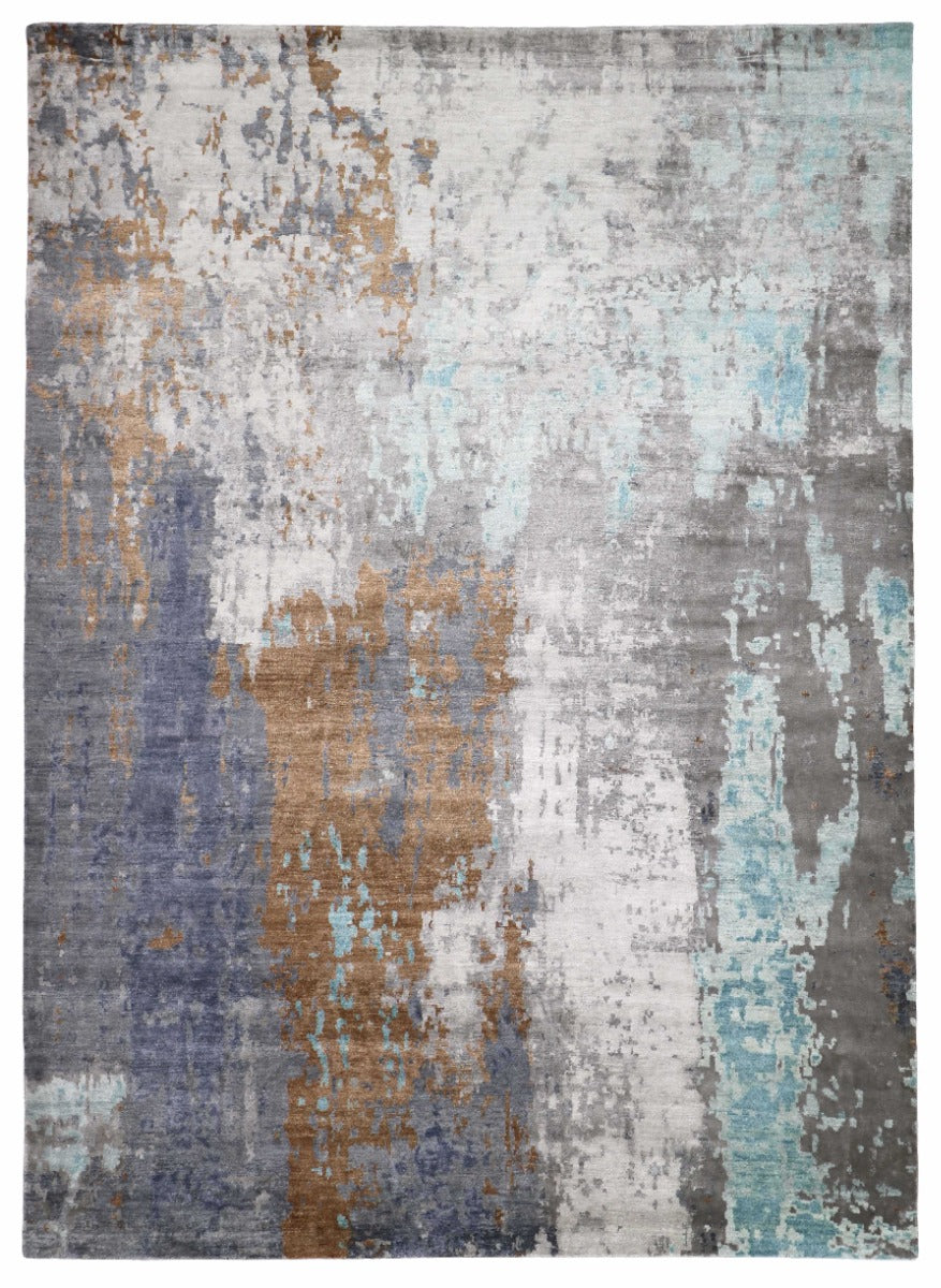 beige, grey, blue, purple and terracotta abstract rug
