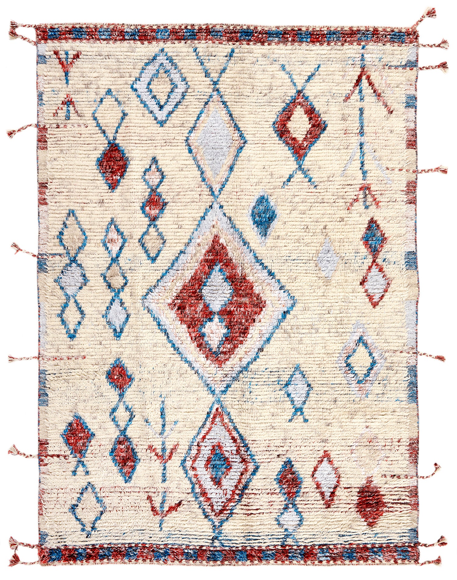 modern moroccan wool rug in cream, blue and red