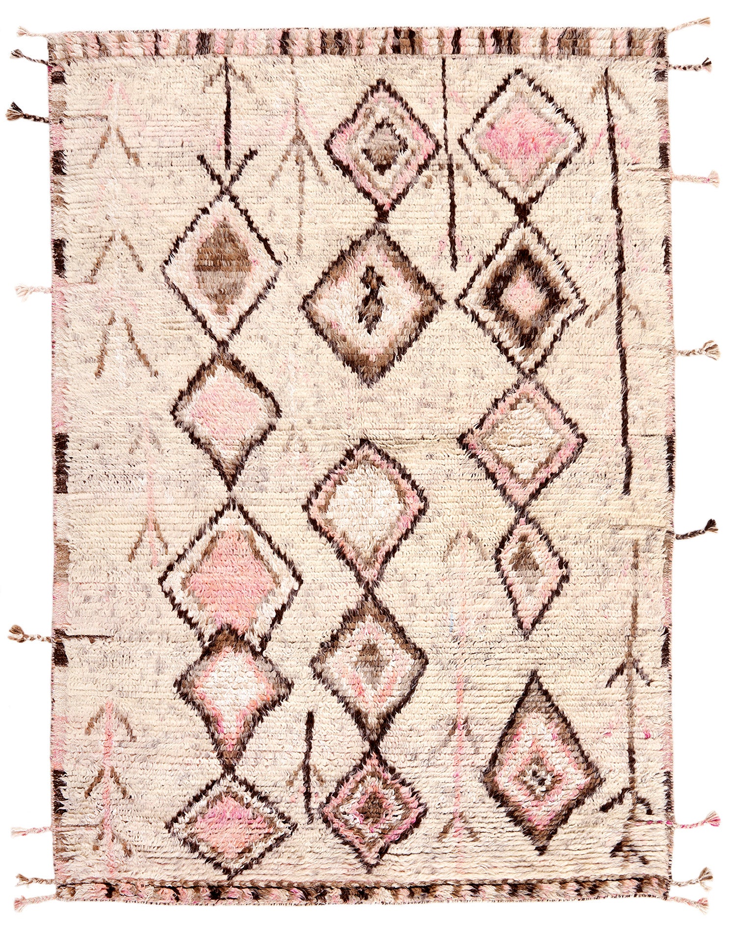 modern moroccan wool rug in pink, cream and brown.