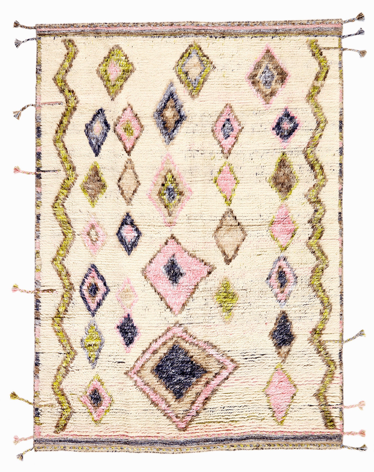 modern moroccan wool rug in cream, pink, blue, green and brown