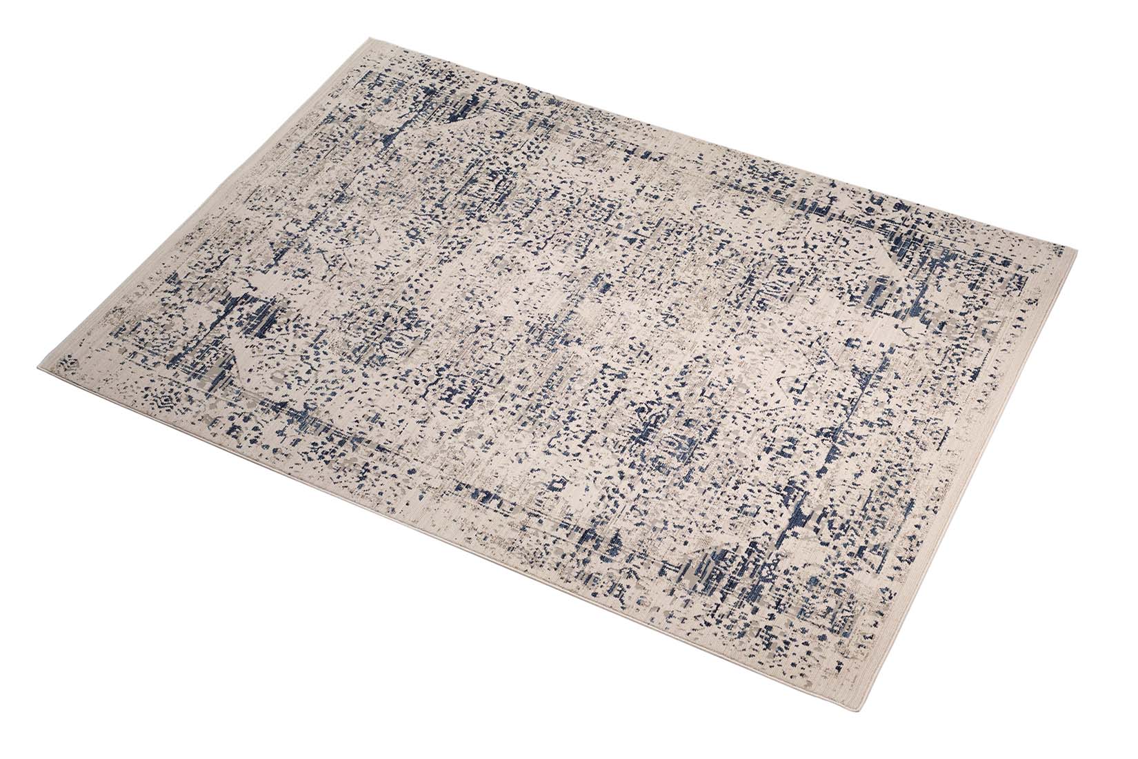 grey Persian style area rug with navy detail

