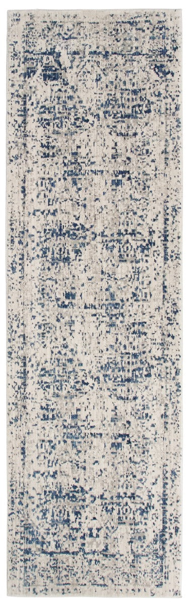grey Persian style hallway runner with navy detail