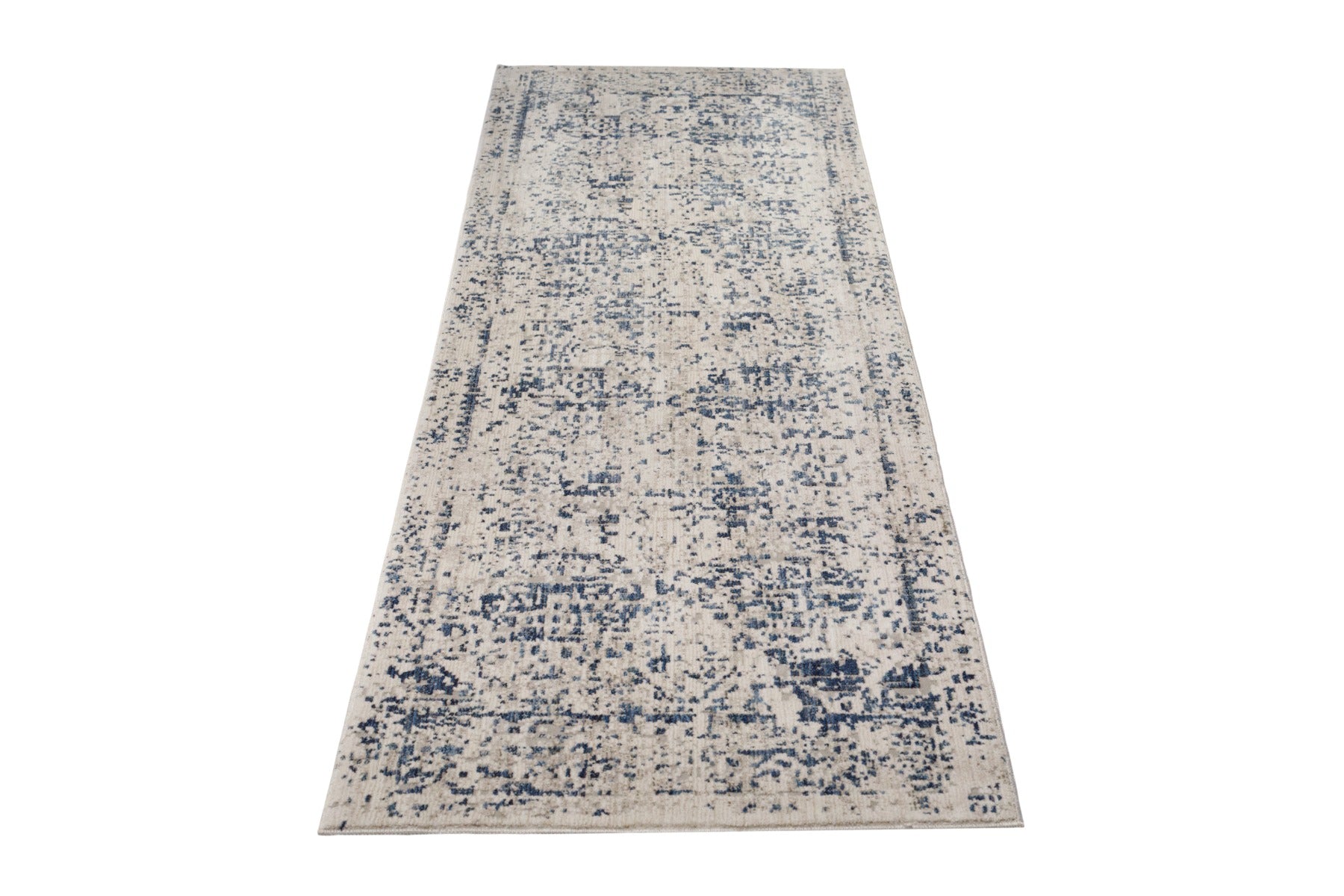 grey Persian style hallway runner with navy detail