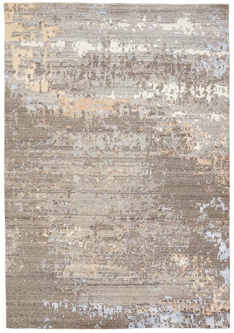 wool and viscose rug with an abstract design in beige, taupe, orange, yellow and blue
