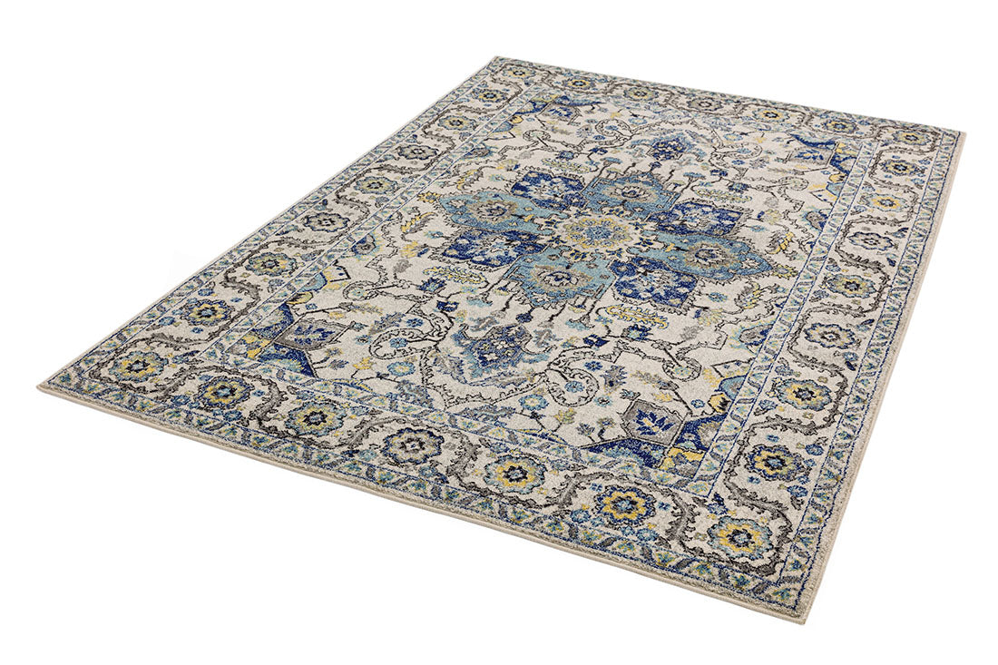 blue and white rug with an oriental design