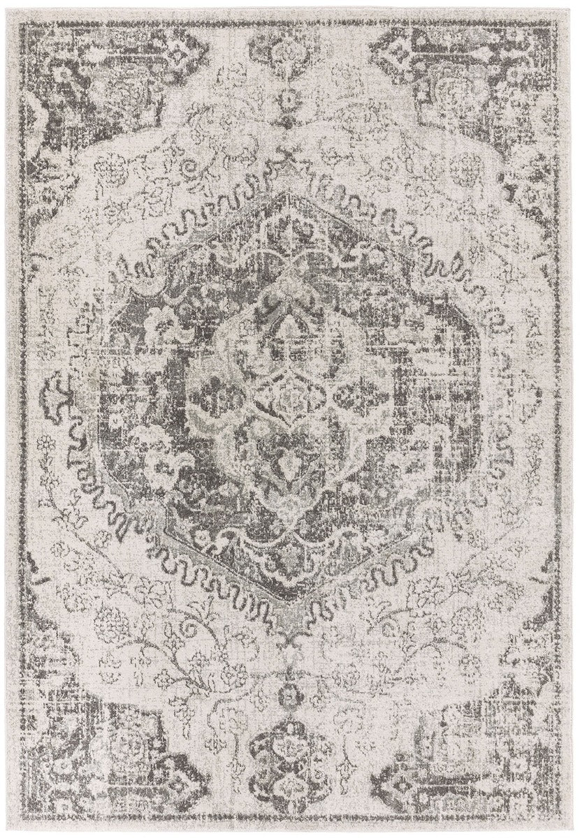 grey rug with an oriental pattern 