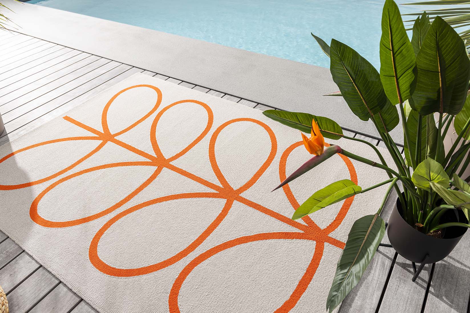 orange indoor/outdoor rug with oversized floral print
