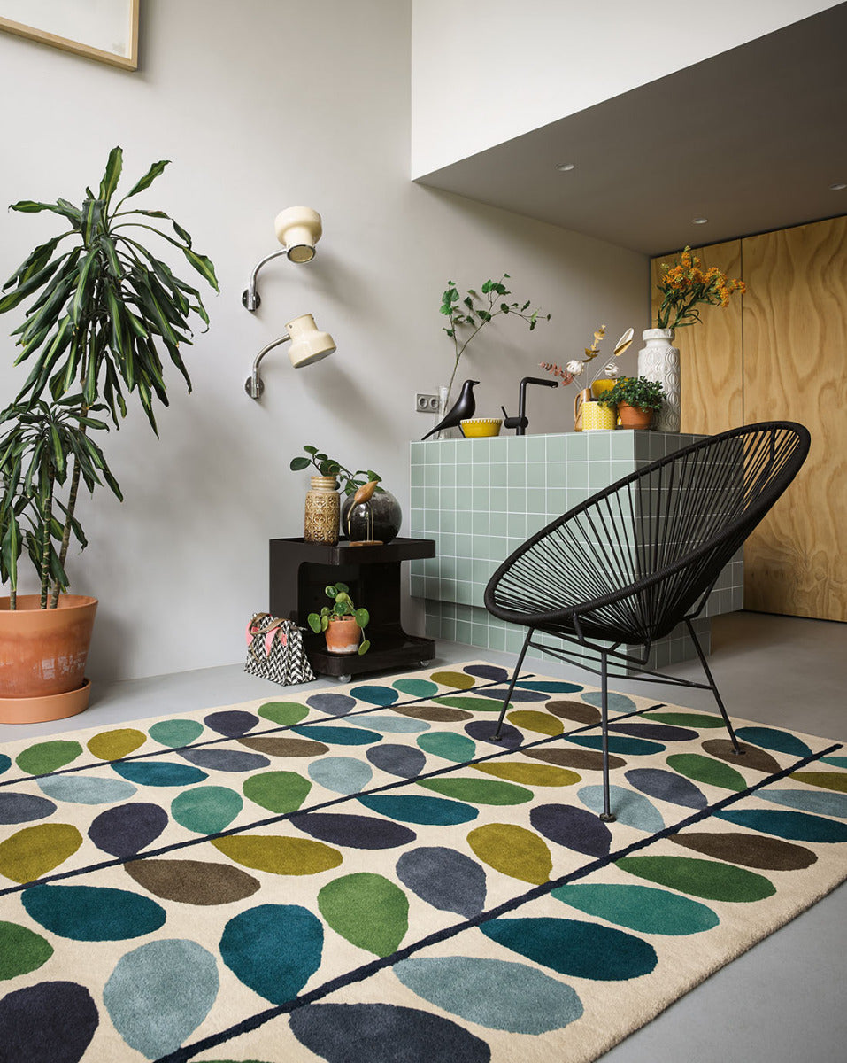 orla kiely multi stem kingfisher rug - multicolour rug with a green and blue leaf pattern
