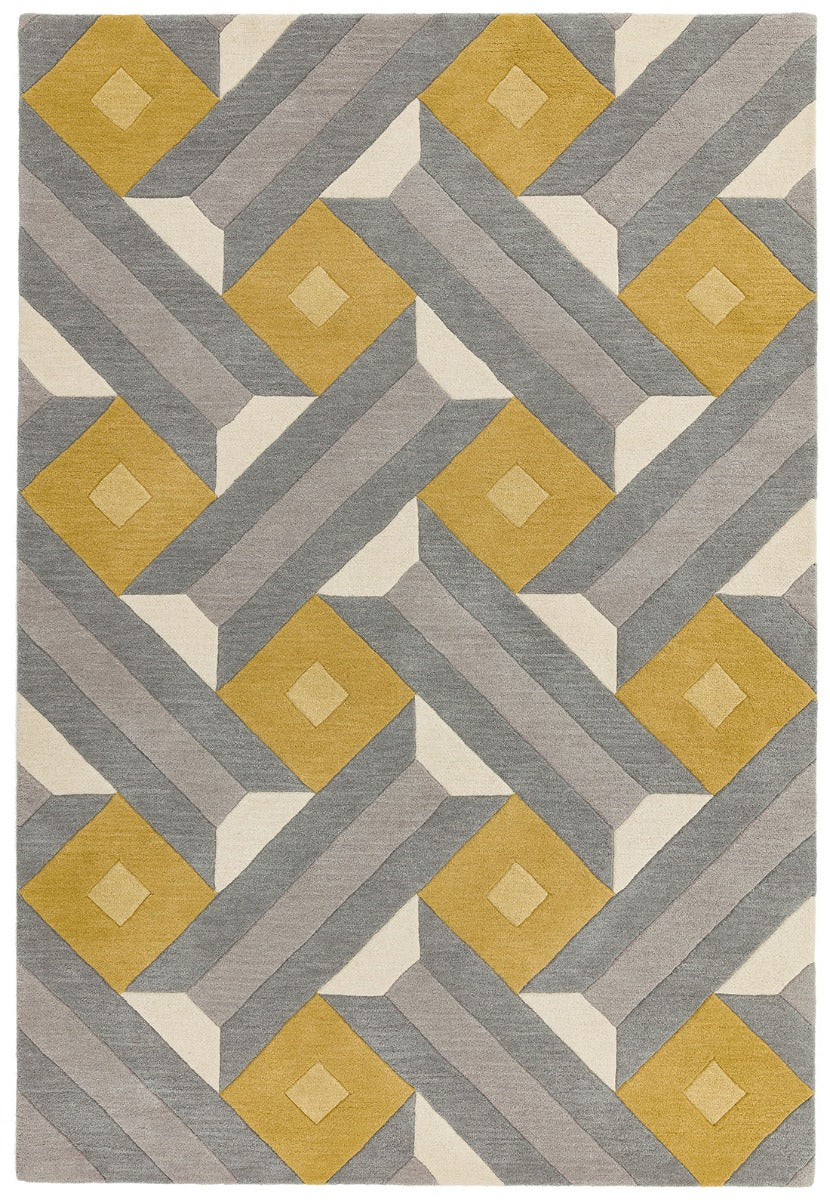 multicolour geometric rug in mustard yellow and grey