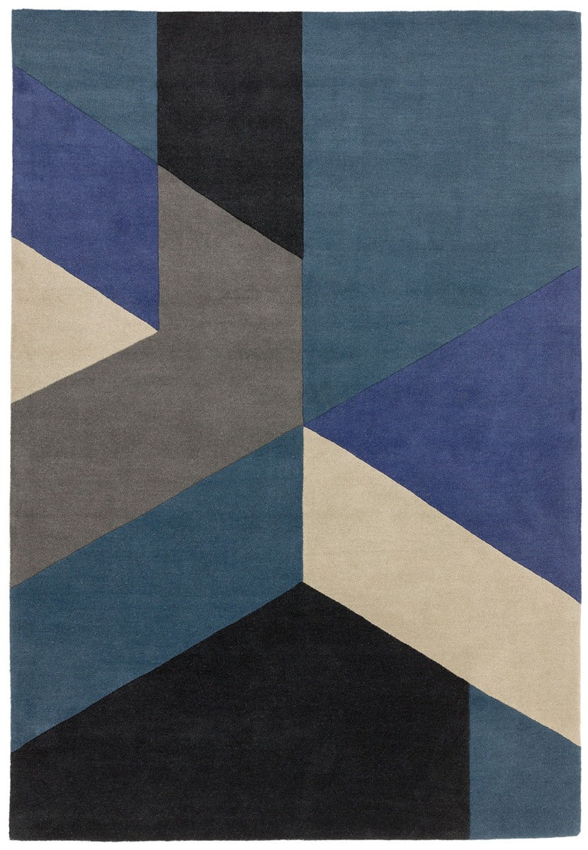 multicolour geometric rug in blue and black