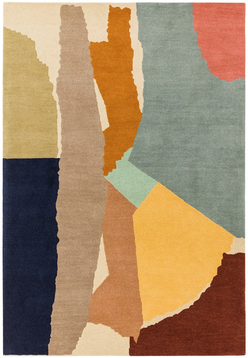 multicolour geometric rug in yellow, peach and blue