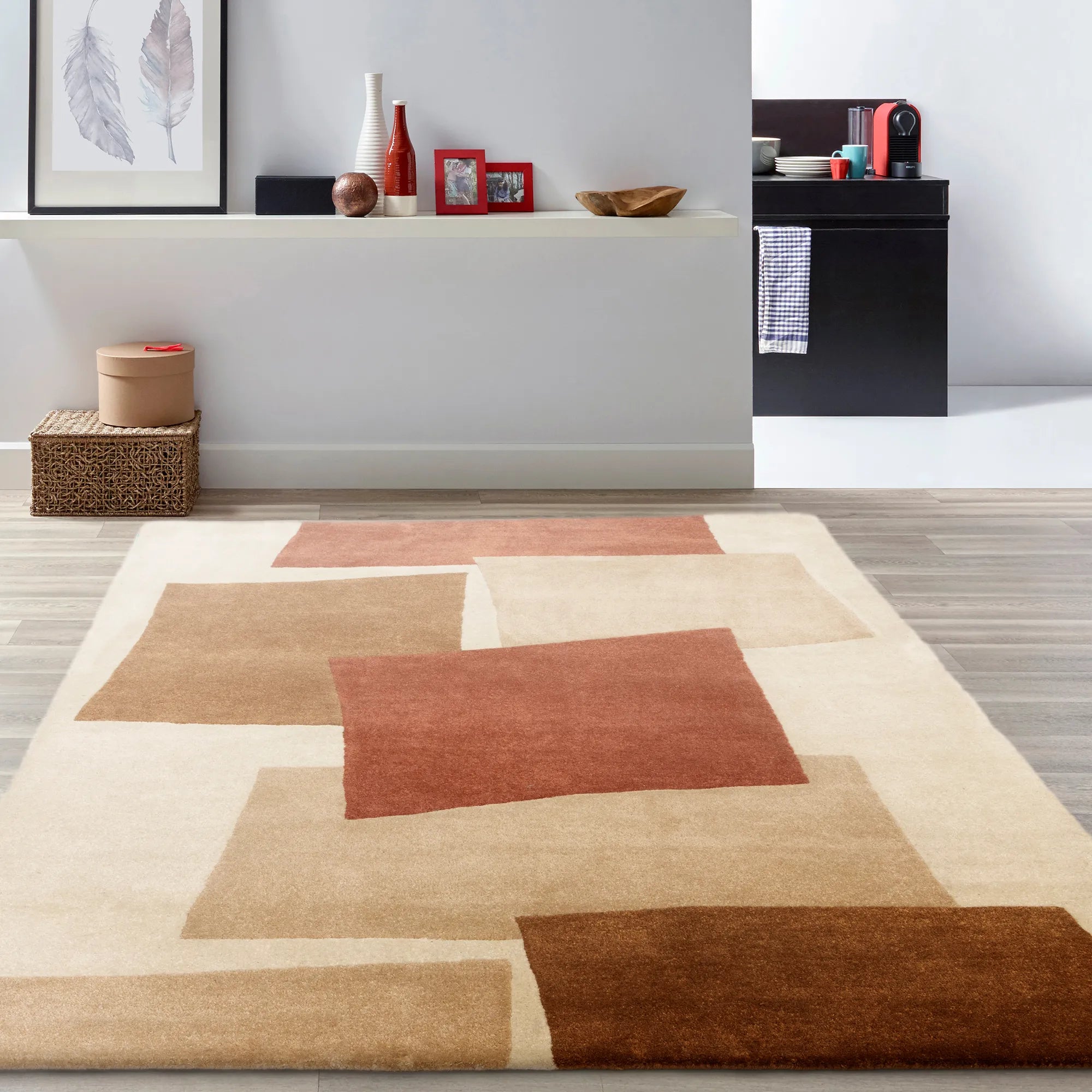 Red rug with an abstract rectangular pattern