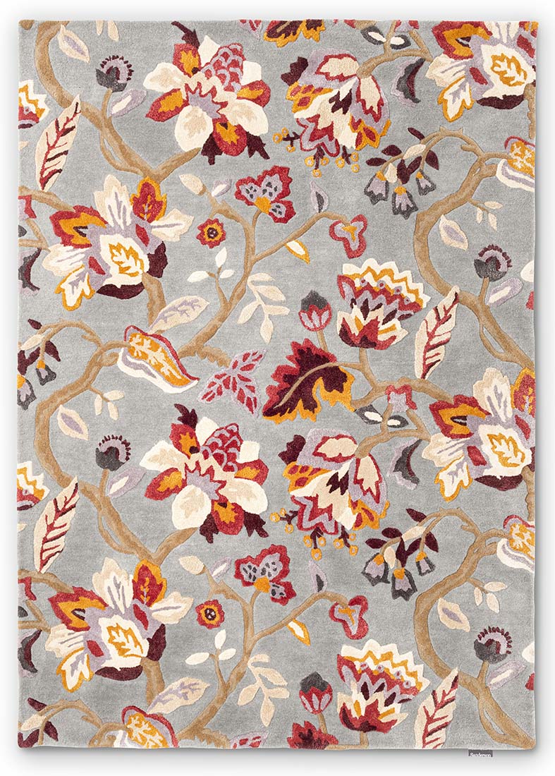 grey wool and viscose rug with multicolour floral design
