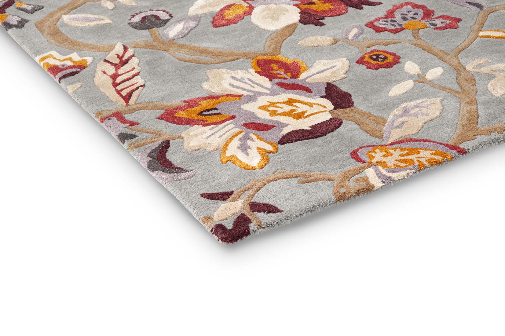 grey wool and viscose rug with multicolour floral design
