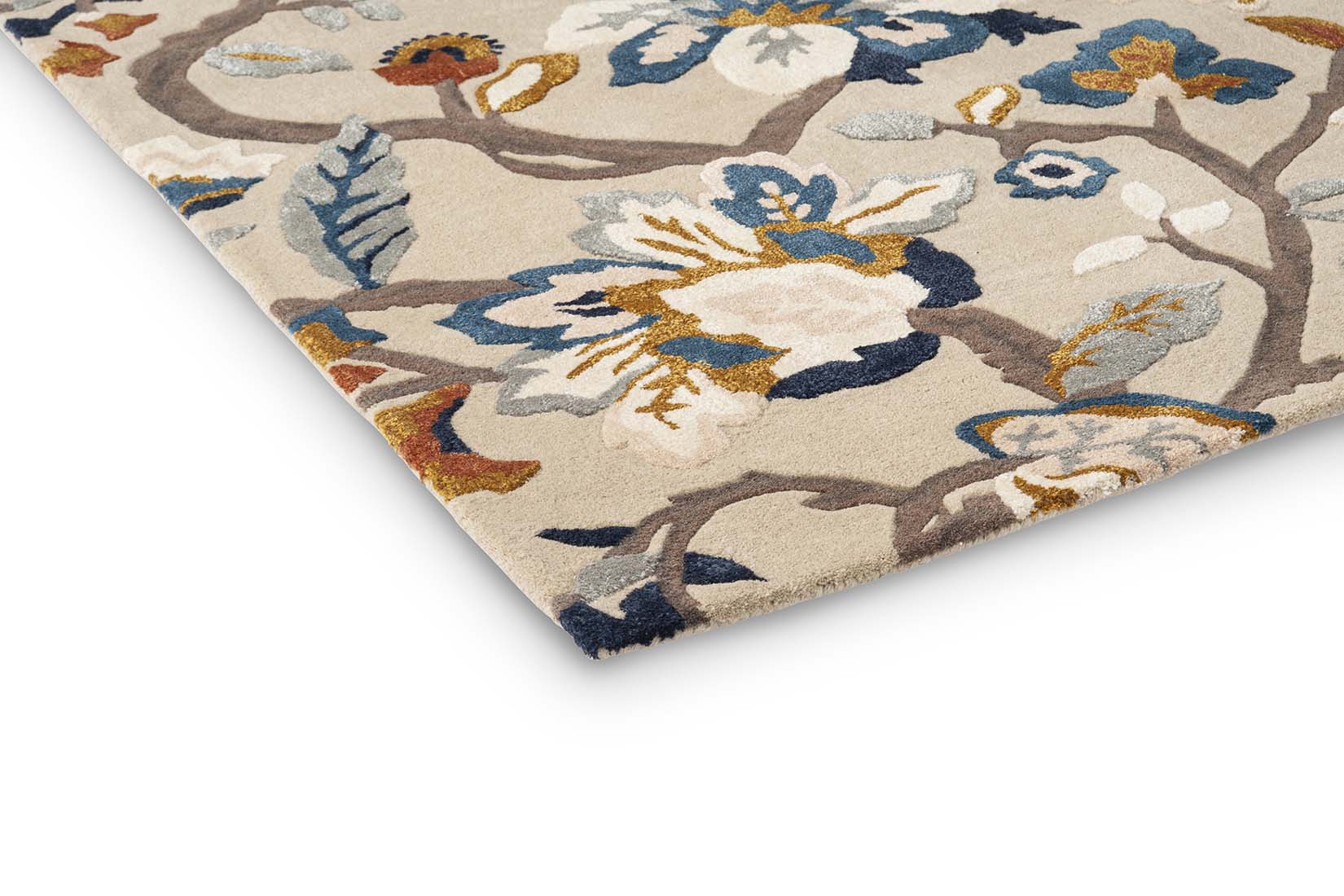 stone coloured wool and viscose rug with multicolour floral design
