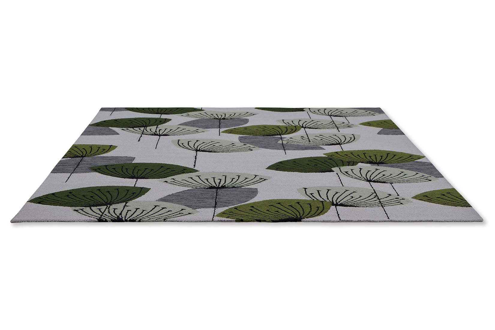 green and grey indoor/outdoor rug with dandelion pattern
