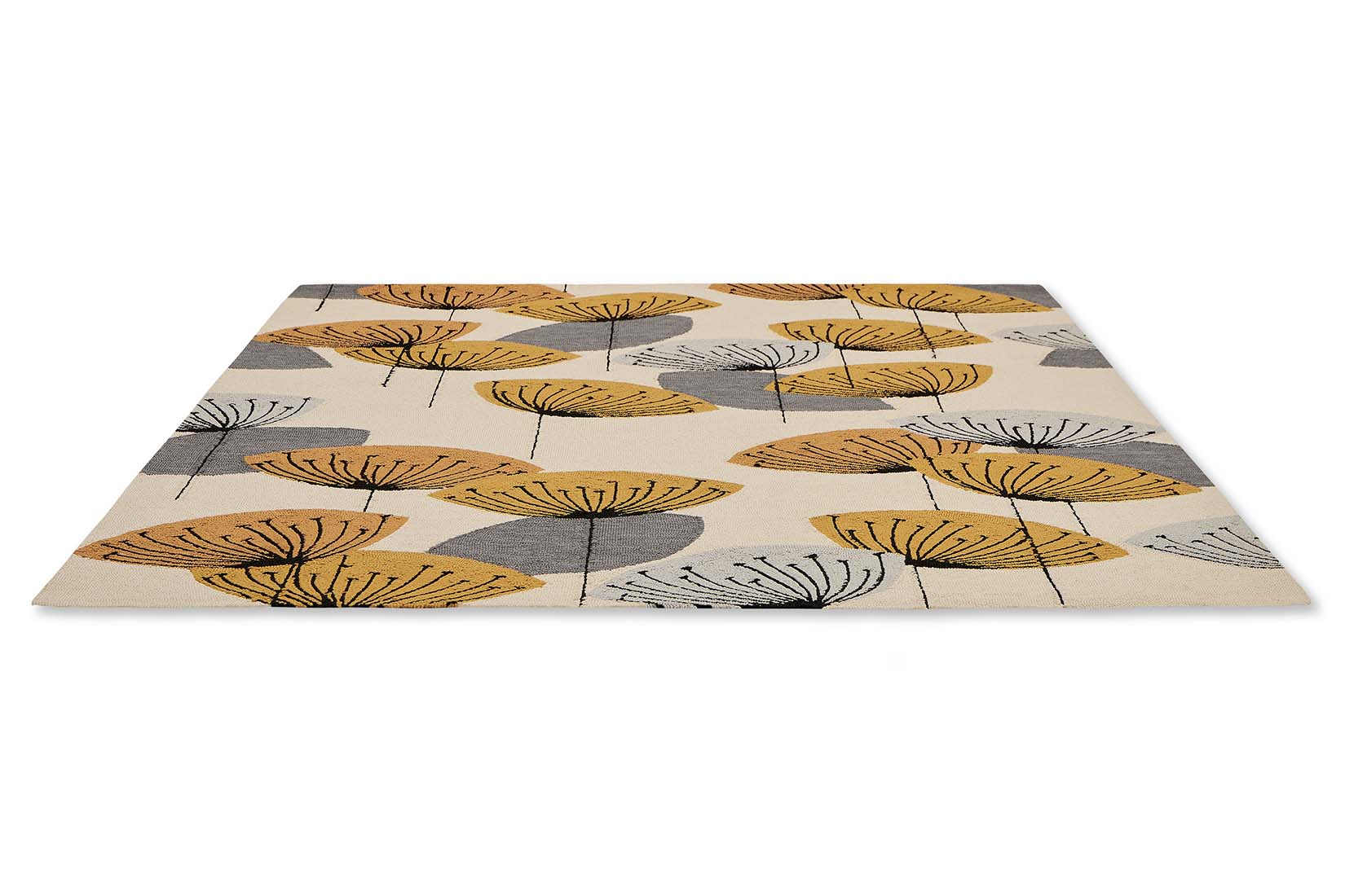 yellow and grey indoor/outdoor rug with dandelion pattern
