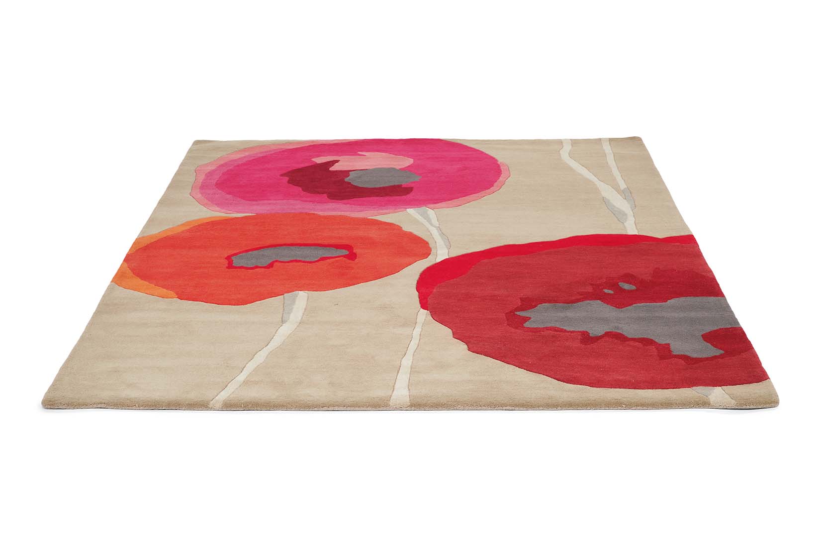 Brown floral rug with pink, red, and orange poppies