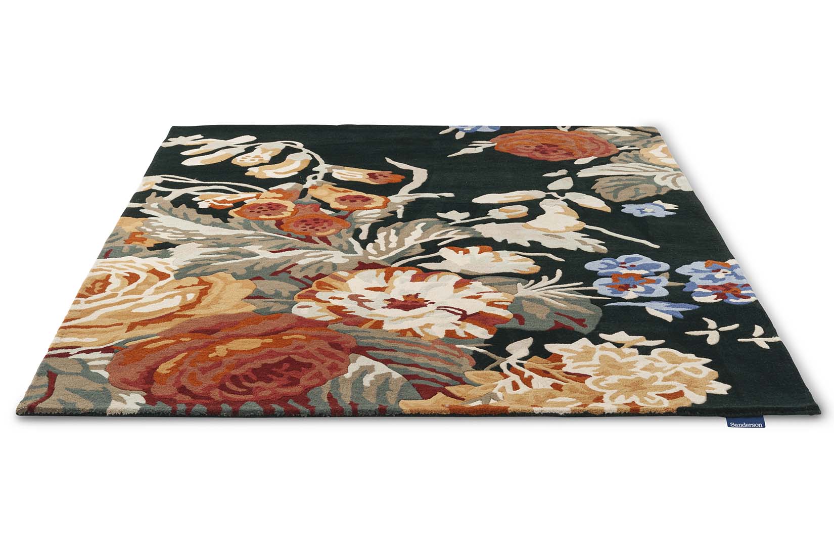 navy wool rug with multicolour floral design
