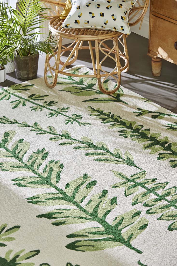 fern printed rug in green and cream 
