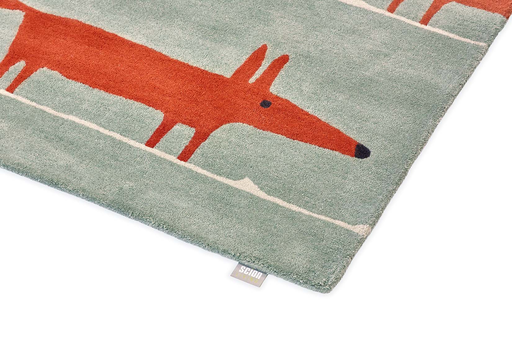 red and blue rug with fox print

