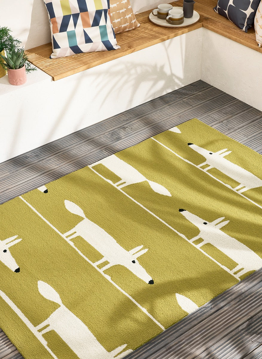 cream and mustard indoor/outdoor rug with fox print
