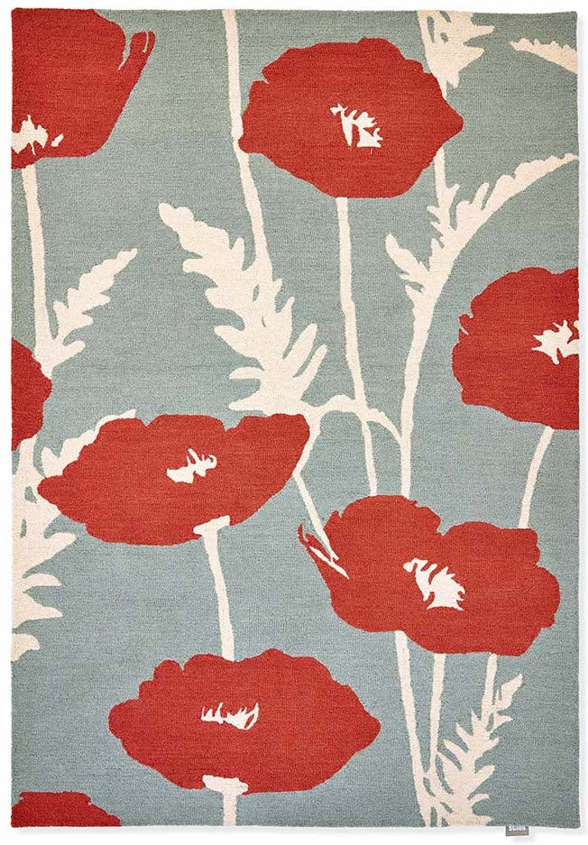 floral wool rug in red and sage. 
