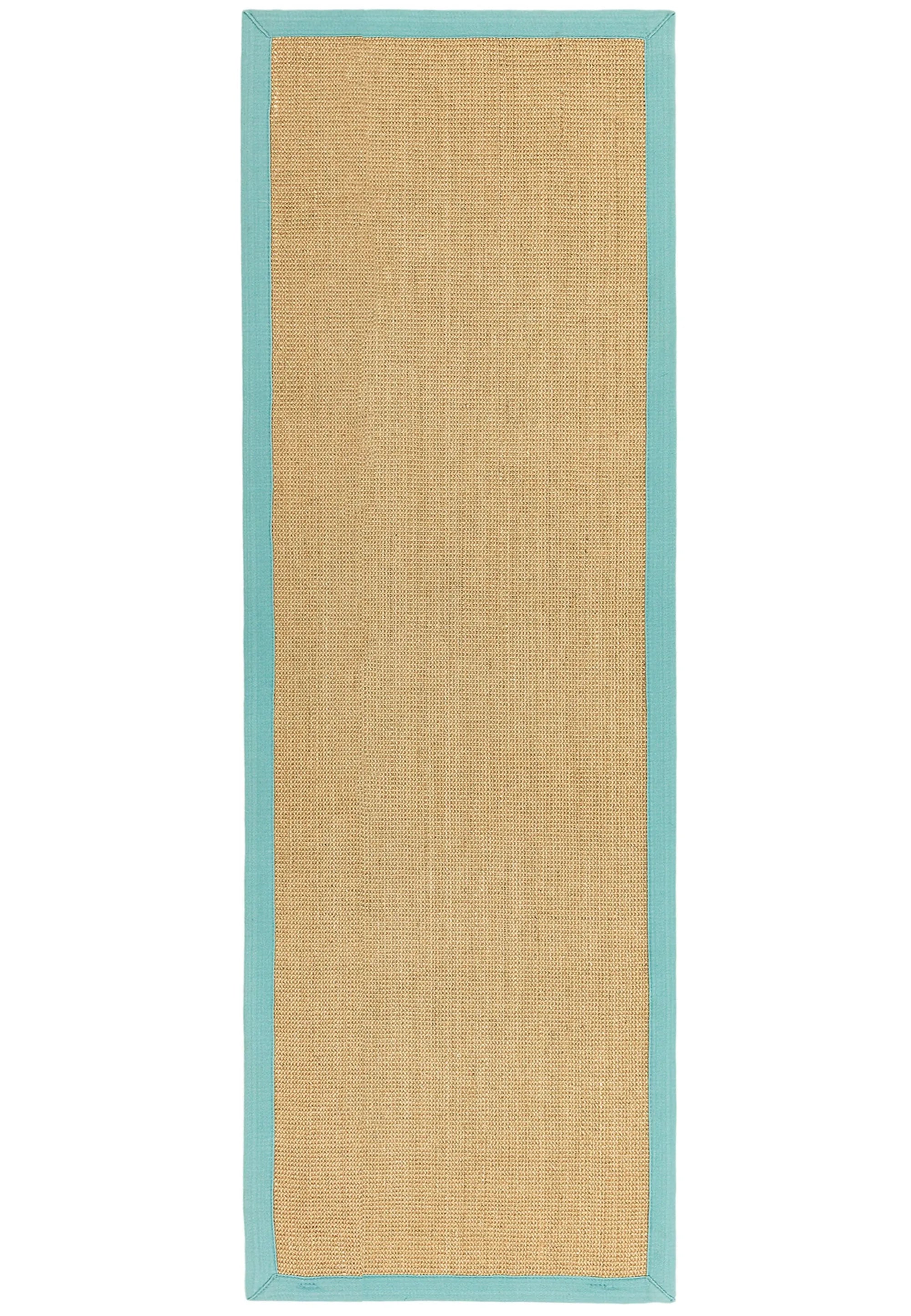 beige sisal rug with a blue border