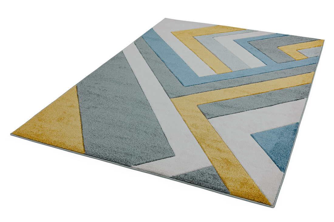 geometric grey and mustard rug