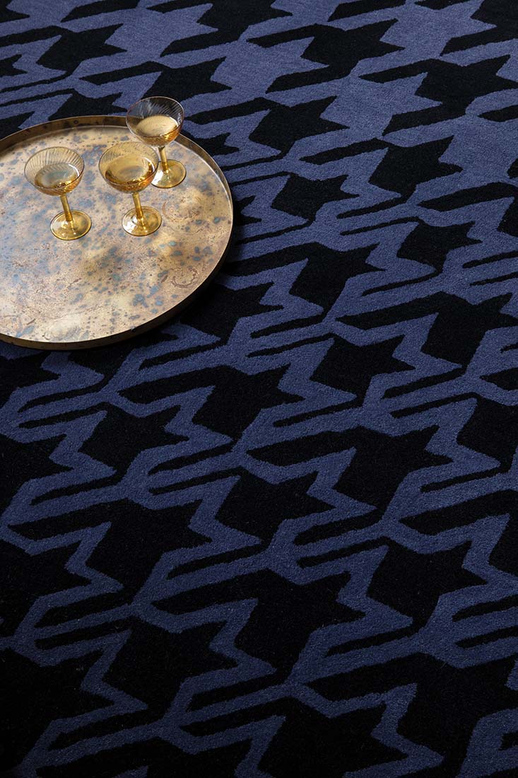 houndstooth wool rug in blue and black

