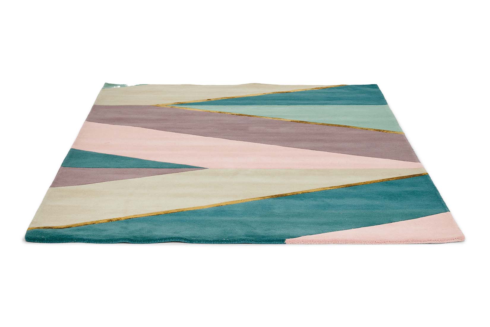 Modern rug with geometric stripe pattern in green, teal, grey and purple. Gold details.