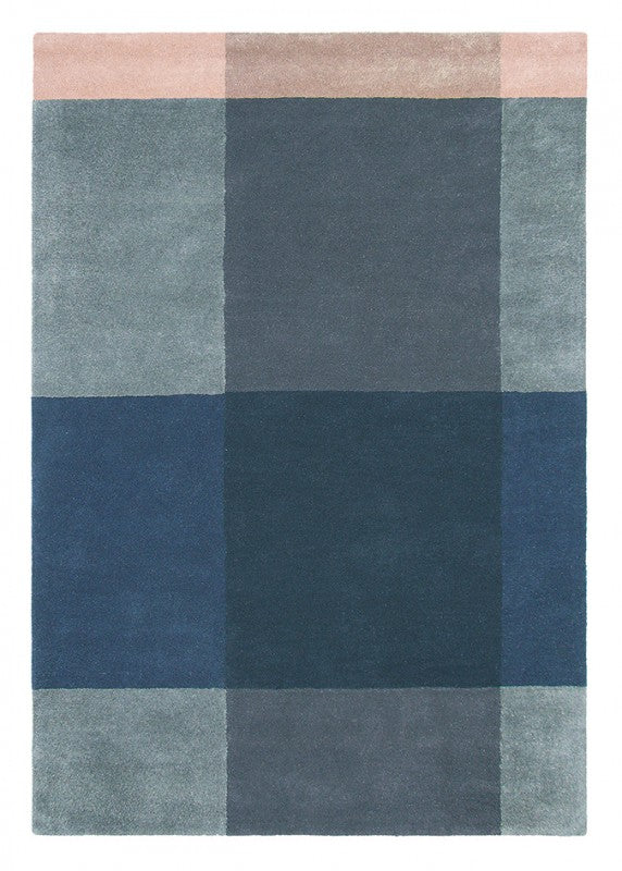 Rectangular rug with pink, grey and blue plaid pattern.