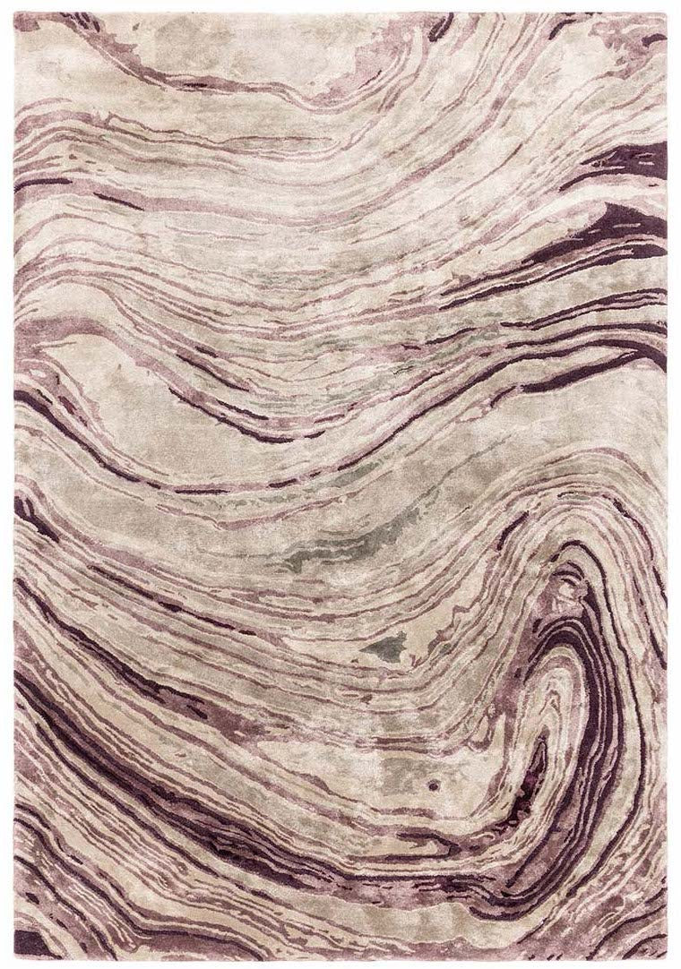 shiny purple and beige handtufted abstract rug in a marble design
