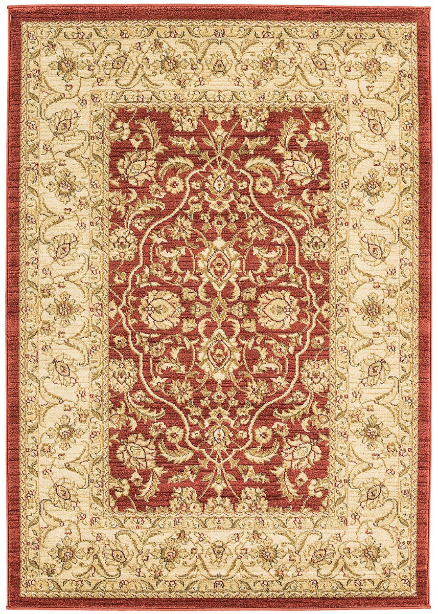 red and beige rug with a persian design