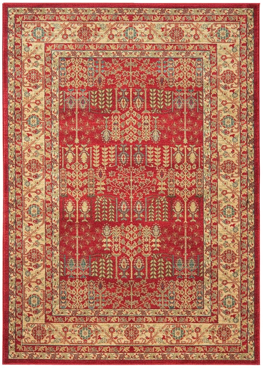 red, blue and beige rug with a persian design