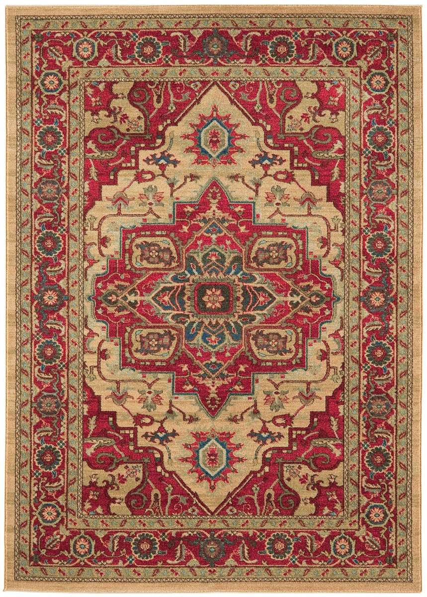 red and beige rug with a persian design