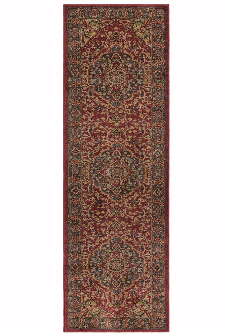 red, blue and beige runner with a persian design