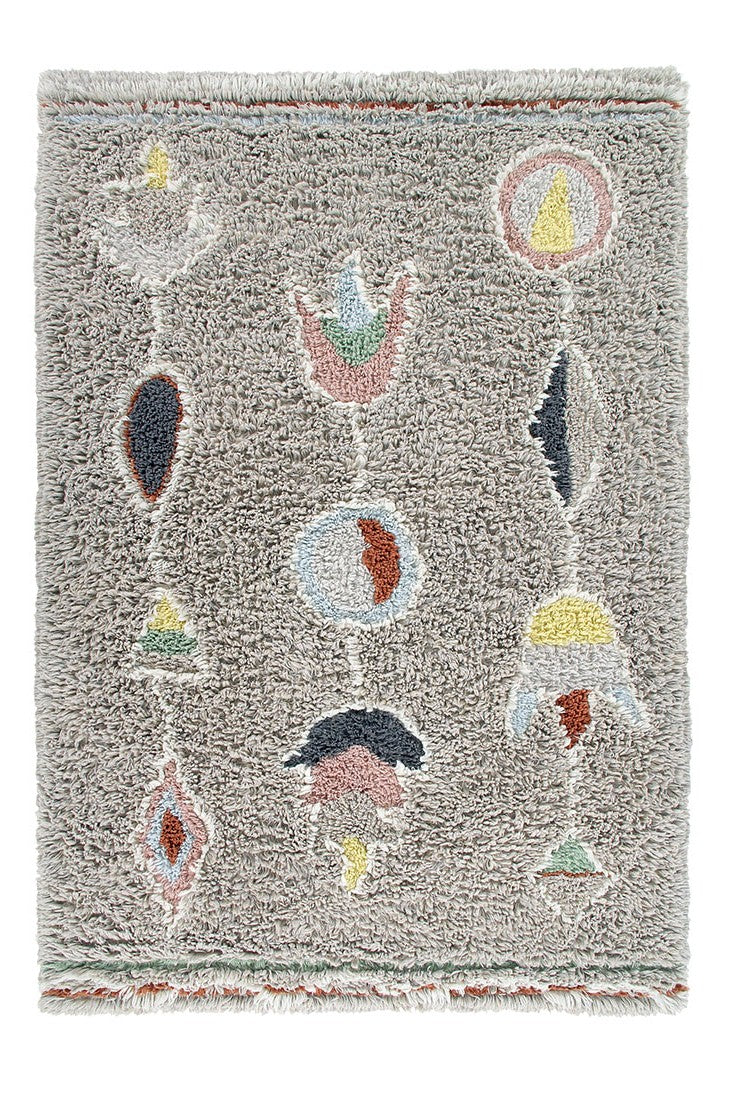 grey washable lorena canals wool rug with multicolour tribal design