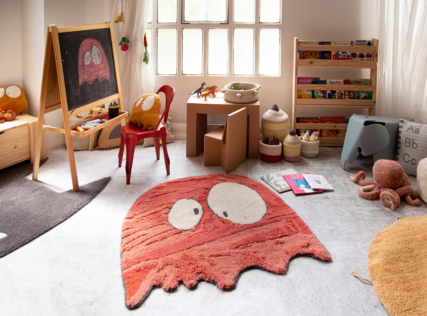 playful ghost character shaped orange wool rug
