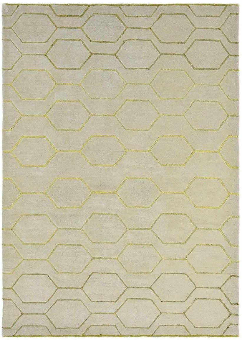 Rectangular grey rug with repeat gold hexagon pattern