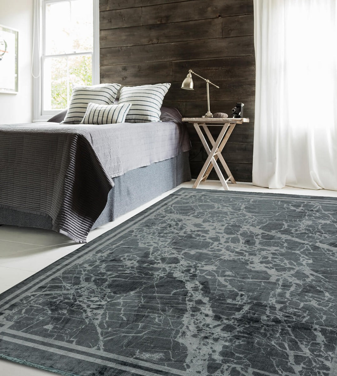 abstract grey bordered rug